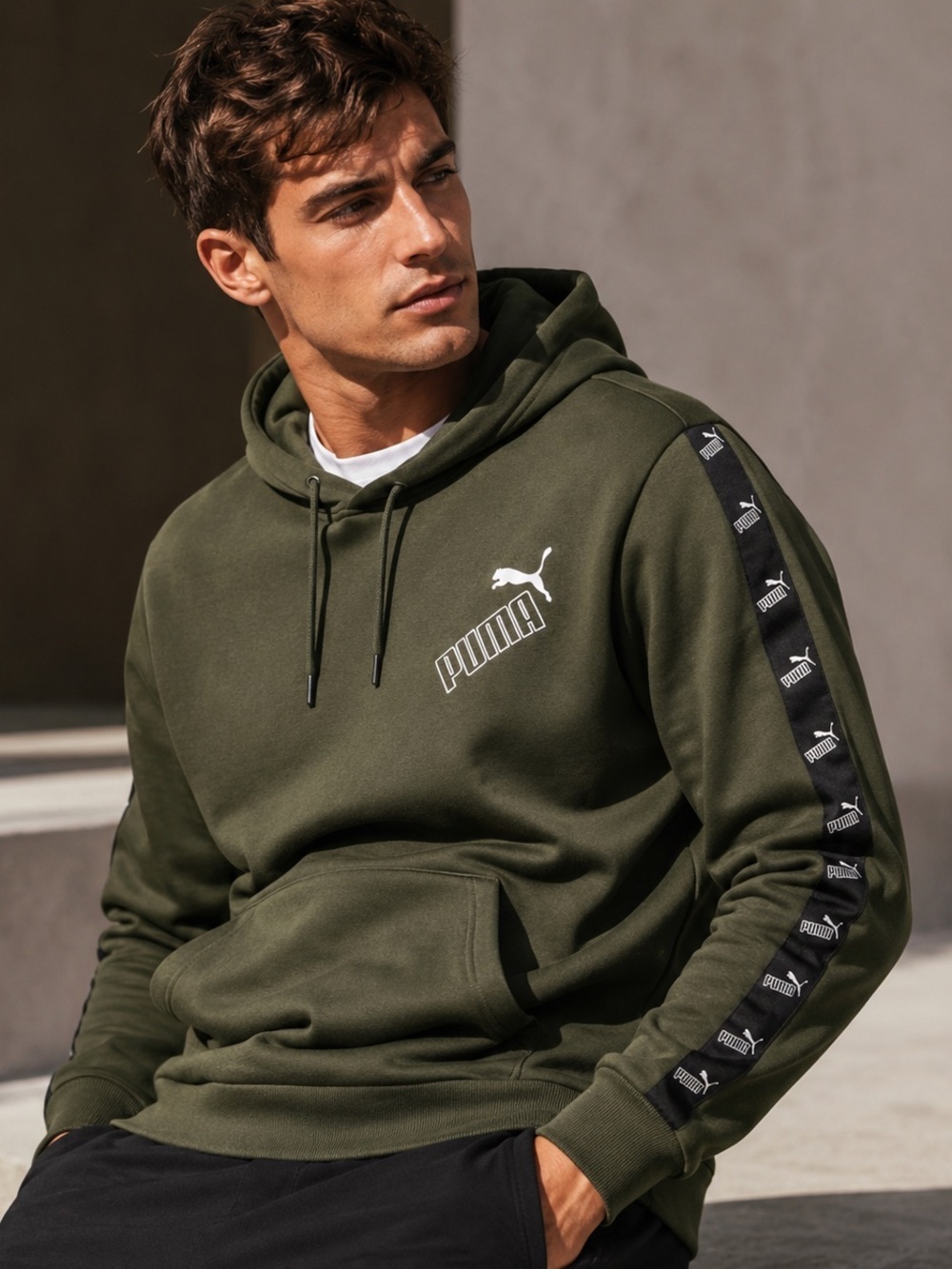 PUMA Essentials Tape Logo Fleece Hoodie Olive Green NWT Men's Medium